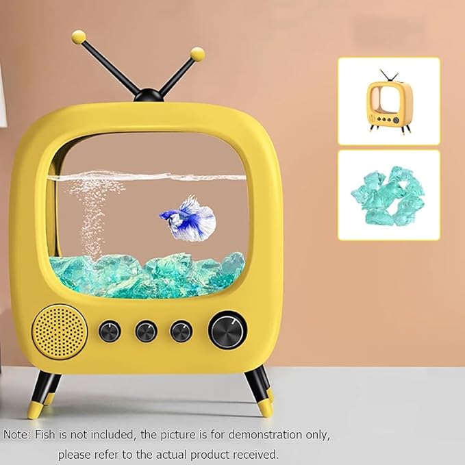 Fish Tank Mini Aquarium,Realistic TV Styling,Small Betta Fish Tank Starter Kit,Desktop Fish Bowl for Desk Display with Lights,Helping Cats Fight Depression,Yellow a