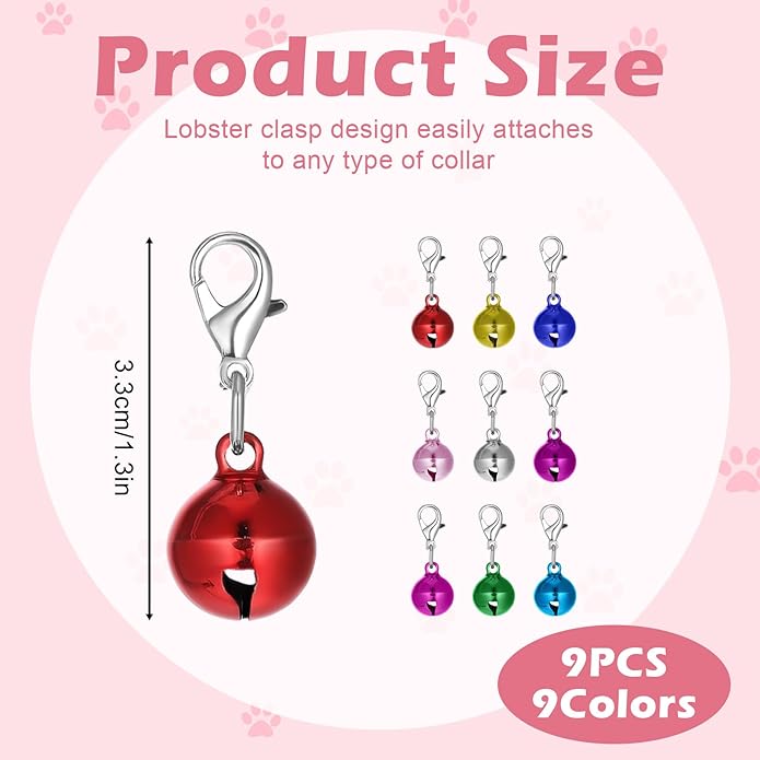 9 Pack Cat Dog Collar Bells, Colourful Pet Small Bell with Clasps Dog Collars Charms Cats Dogs Round Bell Pet Assorted Colors Collar Bells for Festival Party DIY Crafts Decoration