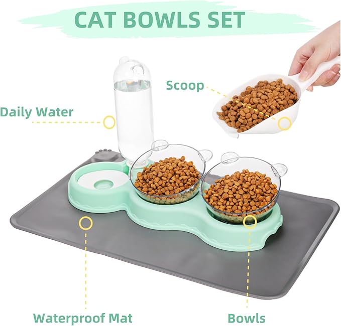 Triple Cats Bowls, Cat Food Water Bowl with Mat and Scoop, 15° Tilted Raised Cat Bowl Dishes with Automatic Water Bottle, Pet Feeding Bowls for Cats, Small Dogs, Wet, Dry Food