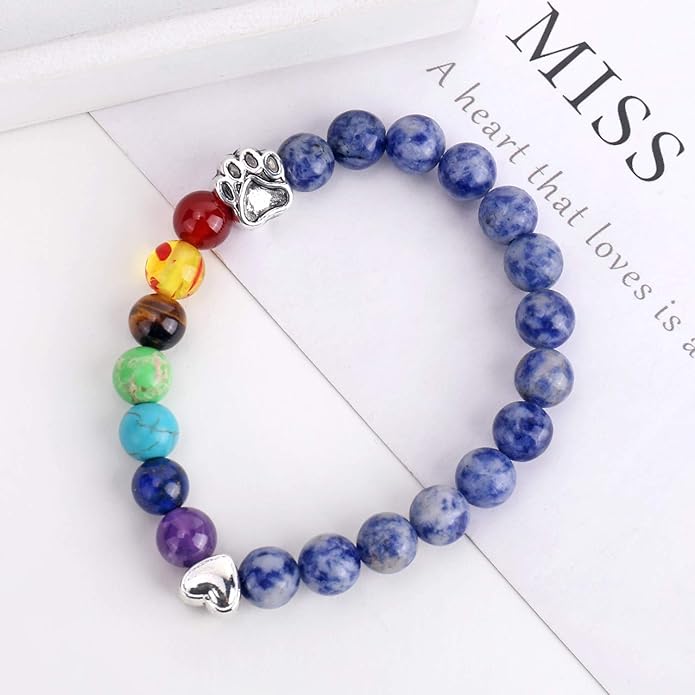 Pet Memorial Gifts, Rainbow Bridge Bracelet for Beloved Dog Cat, 8MM Mixed Color Bead 7 Chakra Memorial Bracelet for Women Men Who Lost Pets, Pet Sympathy Gift