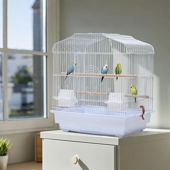 Portable White Bird Cage for Small & Medium Birds, Travel and Home Use, Parrot Cage with Wooden Perch, Swing, Food Bowls & Removable Tray, Ideal for Budgies, Cockatiels, Canaries