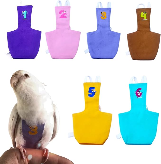Bird Diaper Protective Parrot Nappy - 6 Pack, Reusable Flight Suit with Waterproof Inner Layer, Washable Cute Urine Wet Suit for Cockatiel Conure Macaw Lovebird (S)