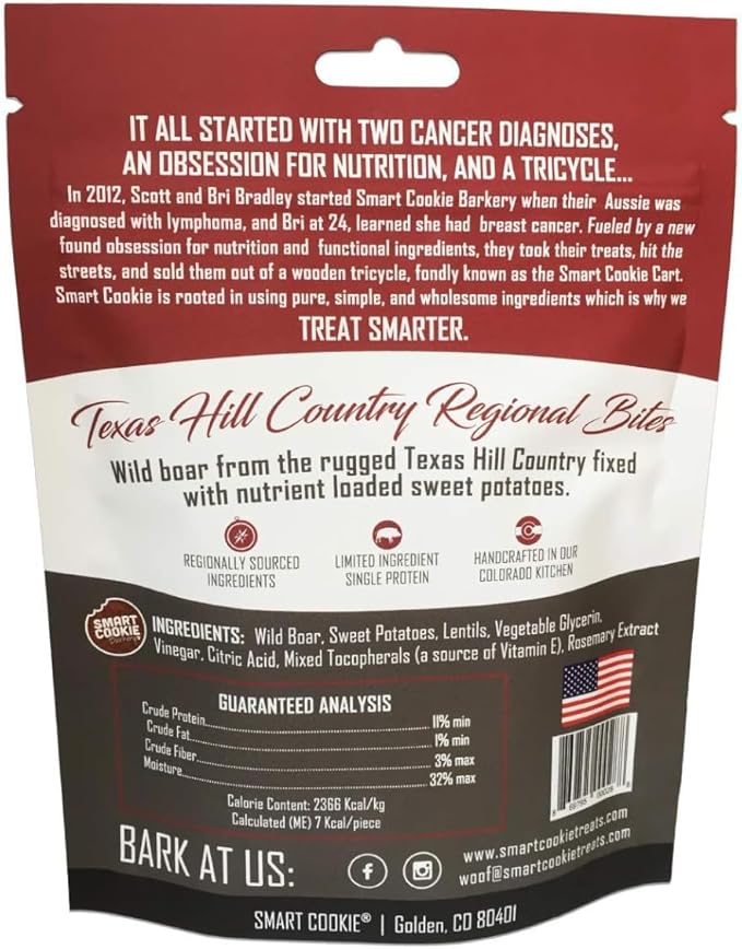Smart Cookie All Natural Dog Treats - Wild Boar & Sweet Potato - Training Treats for Dogs with Allergies, Sensitive Stomachs - Soft Dog Treats, Chewy, Grain Free, Made in USA - 5oz Bag, Pack of 3