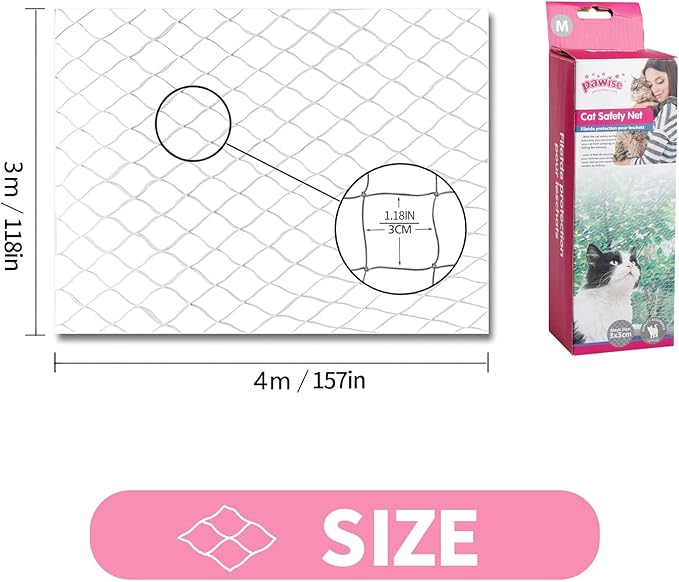 PAWISE Cat Safety Net, Cat Balcony Net Pet Anti-Fall Netting for Window Stairs,Dog Fence Nets Transparent (13x10 Ft)