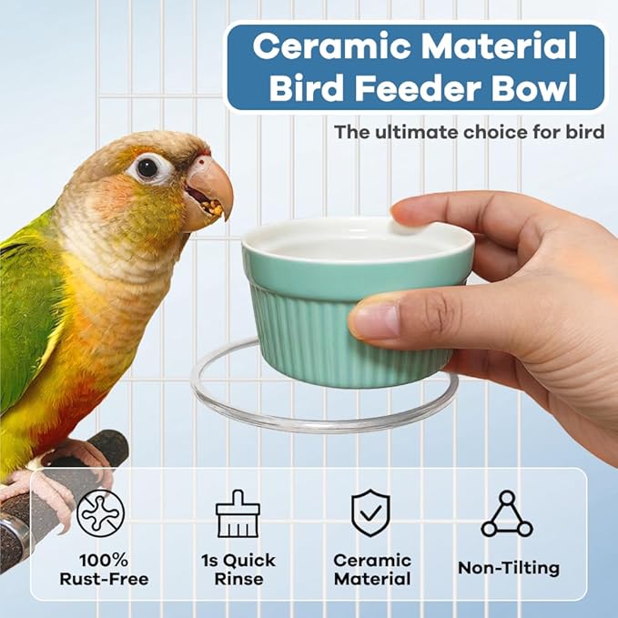 Bird Feeder for Cage Bowl, Ceramic Parrot Feeding Cups - Automatic Easy to Clean & Install, Dishwasher Safe Small Animal Food Water Bird Dish for Parrots, Cockatiels, Canaries