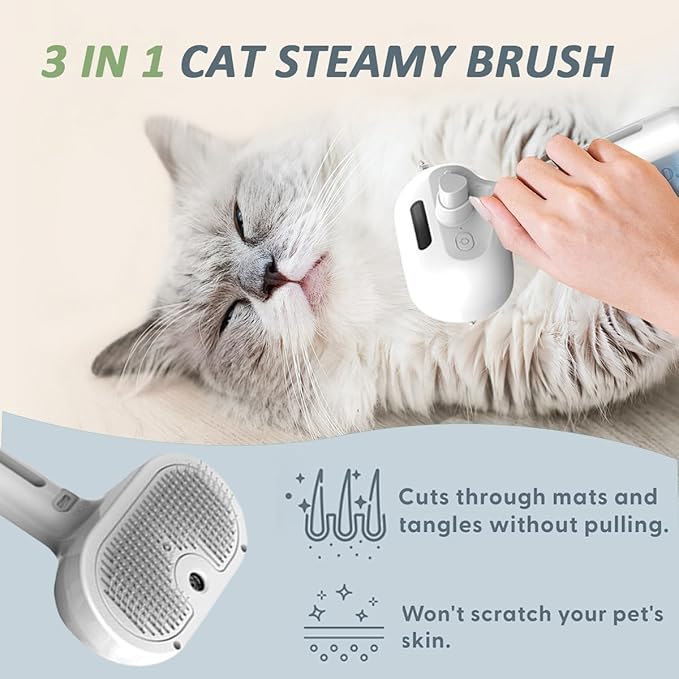 3 In 1 Self Cleaning Pet Spray Hair Removal Comb, Fresh Fur Shower Brush, Pet Steamy Shower Brush + Bathing Solution, Removes Loose Hair, Anti-Static (White)