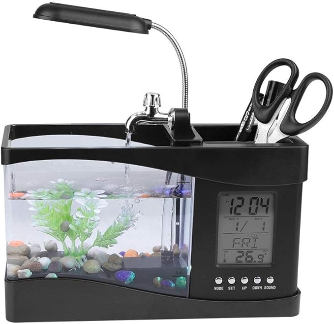 Small Divided Fish Multifunctional USB Rechargeable Mini Fish Aquarium with Clock Function LED Light(Black)