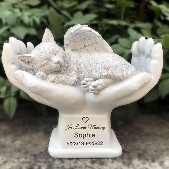 Personalized Cat Pet Grave Markers Memorial Angel Statue Stone with in God's Hands, Cat Pet Headstone Garden Stone，in Loving Memory of A Pet Lost Gift, 7 Inch(H)
