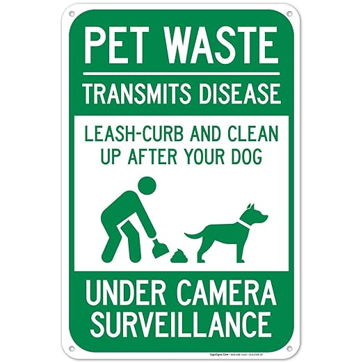 Pet Waste Leash-Curb and Clean Up After Your Dog Under Camera Surveillance Sign, 12x18 Inches, 55 mil Thick HDPS (high Density polystyrene), Made in USA