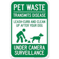Pet Waste Leash-Curb and Clean Up After Your Dog Under Camera Surveillance Sign, 12x18 Inches, 55 mil Thick HDPS (high Density polystyrene), Made in USA