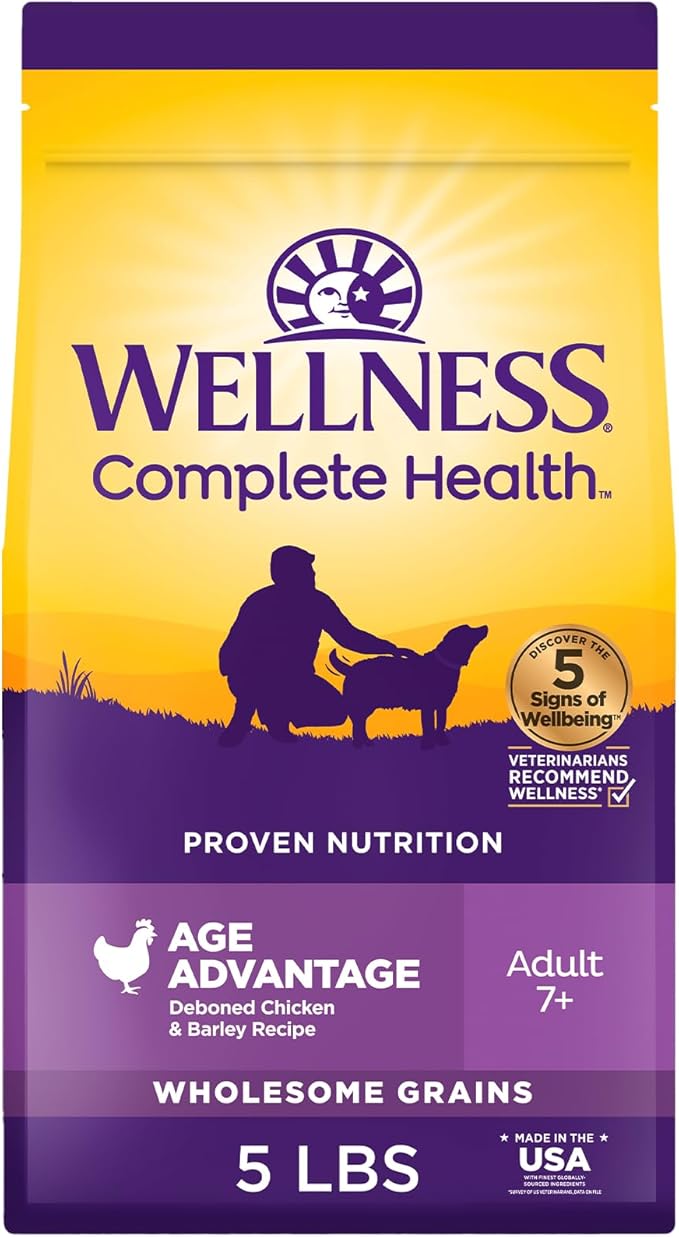 Wellness Complete Health Age Advantage Senior Dry Dog Food, Wholesome Grain Kibble, Natural, Chicken and Barley Recipe, 5 lb Bag