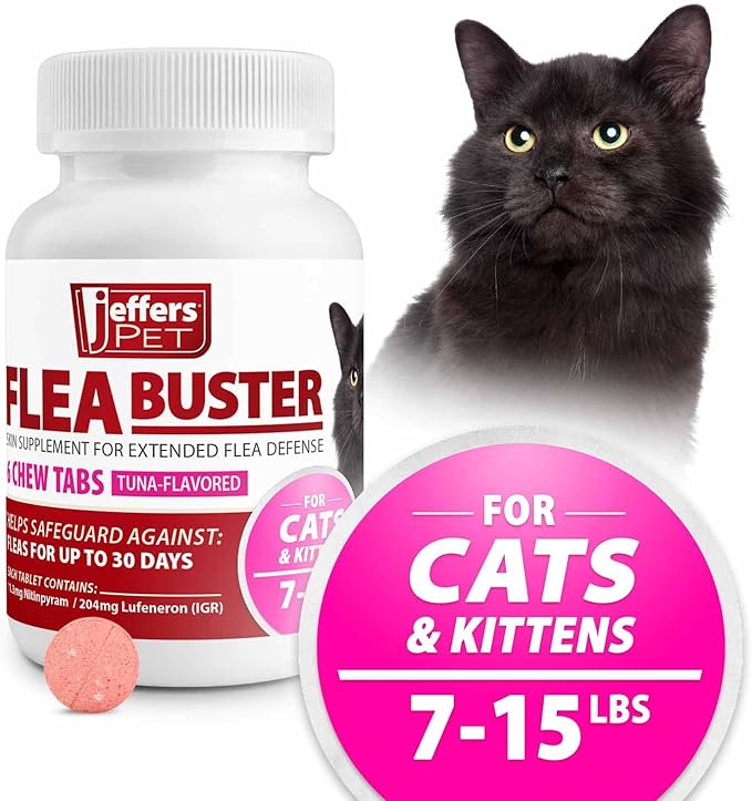Jeffers Pet Flea Buster Chewable Tablets for Cats and Kittens 7-15 lbs, Tuna Flavor Supplements, Monthly Cat Flea Support, Made in USA, Easy to Feed Cat Tablets, Travel Friendly - 6 Count