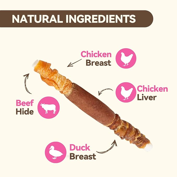 Dog Treats Rawhide Sticks with Chicken, Duck & Chicken Liver, Triple Flavor Beefhide Chews for Small & Medium Dogs, 5 Inch, 15 Count, 10.58 oz