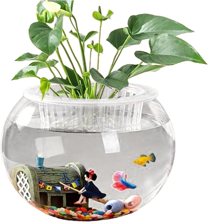 Round Glass Fish Bowl Clear Desktop Aquarium for Small Fish Hydroponics Decor for Home Office Garden