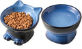 Nihow Elevated Cat/Dog Bowls Set : 5 Inch Ceramic Raised Cat Food and Water Bowl Set for Protecting Pet's Spine - Feeding & Watering Supplies for Pets- Elegant Blue & Black (2PC)