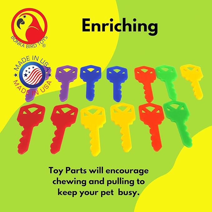 Bonka Bird Toys 2290 Pk12 Plastic Keys for Birds, Non-Toxic Chewable Plastic, Colorful Toy Pack for Parrots, Cockatiels, Budgies, and Small to Medium-Sized Birds, 6 Vibrant Colors