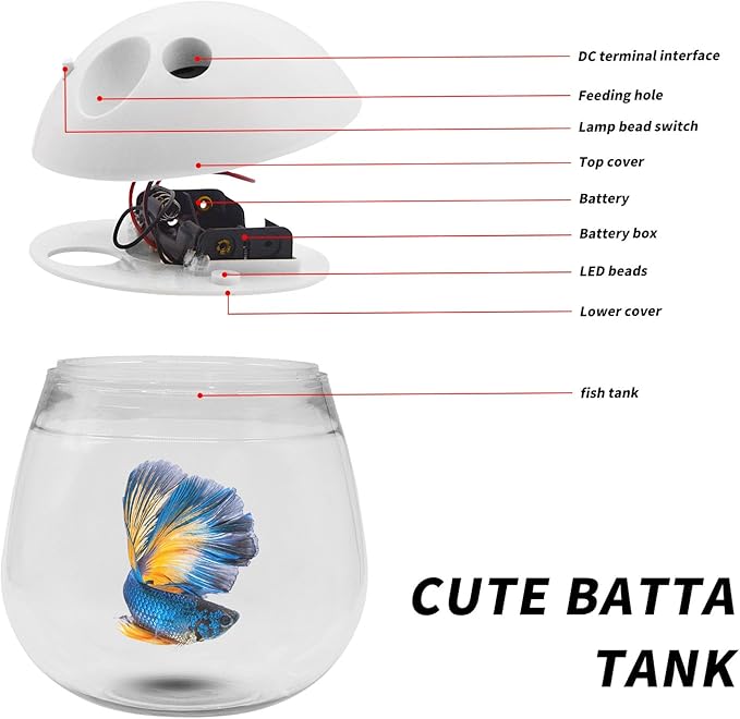 Mini Betta Fish Tank, Small Fish Bowl, Plastic Fish Tank with Lid, Desktop Clear Round Fish Bowl and LED for Small Fish, Insect, Shrimp, Crab, Jellyfish Goldfish, Room Decor (with Charger Pattern)