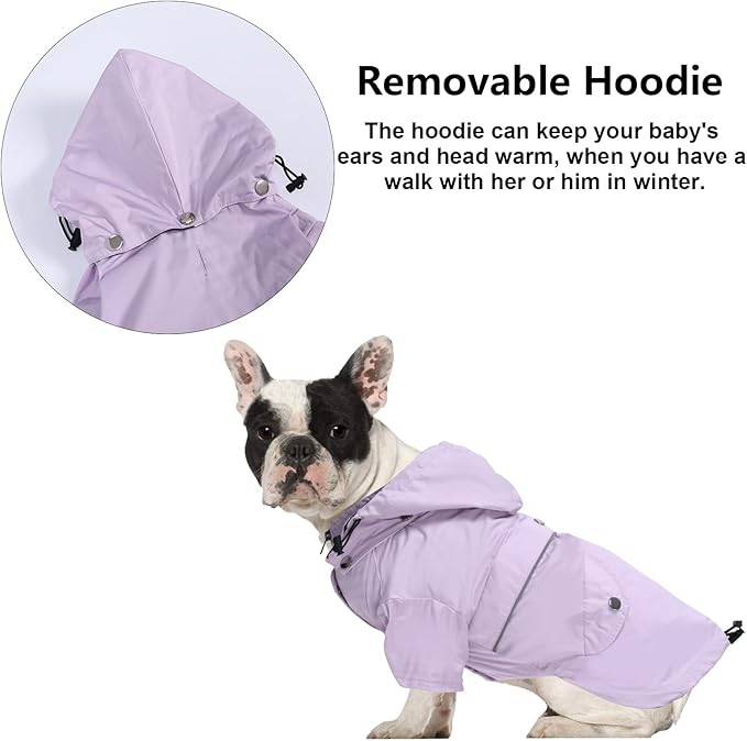 Morezi Dog Zip Up Raincoat with Reflective Buttons, Rain/Water Resistant, Adjustable Drawstring, Removable Hood, Raincoats with Legs 8lbs to 80lbs Available - Purple - M