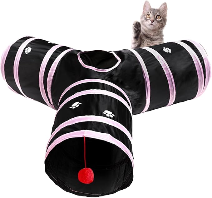 3 Way Cat Tunnel Collapsible Fun Pet Play Tube Toys for Cats, Kittens, Puppies & Rabbits - Portable Tunnel with Hanging Ball for Indoor Play, Hideout & Exercise