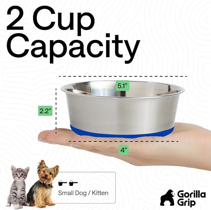 GORILLA GRIP Dog Bowls, Heavy Duty 304 Stainless Steel, Holds 2 Cups Each (16 fl oz) Food and Water Bowl for Feeding Dogs and Cats, Dishwasher Safe, Rust Resistant, BPA Free Rubber Base Set of 2 Blue