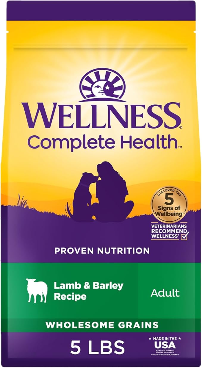 Wellness Complete Health Adult Dry Dog Food, Wholesome Grain Kibble, Natural, Lamb and Barley Recipe, 5 lb Bag
