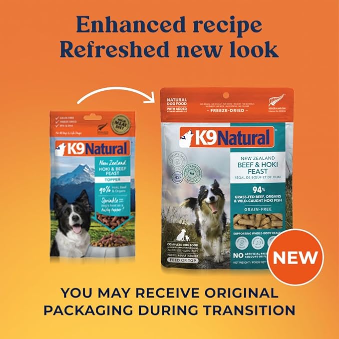 K9 Natural Beef & Hoki Freeze Dried Dog Food, High-Meat Natural Complete Meal or Meal Toppers for Dogs, Grass-Fed Beef & Hoki from New Zealand, Grain-Free, GMO-Free, Complete & Balanced Nutrition, 8lb