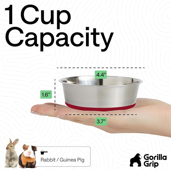 GORILLA GRIP Dog Bowls, Holds 1 Cup Each (8 fl oz), Heavy Duty Stainless Steel Food and Water Bowl for Feeding Dogs and Cats, Dishwasher Safe, Rust Resistant Metal, BPA Free Rubber Base, Set of 2 Red
