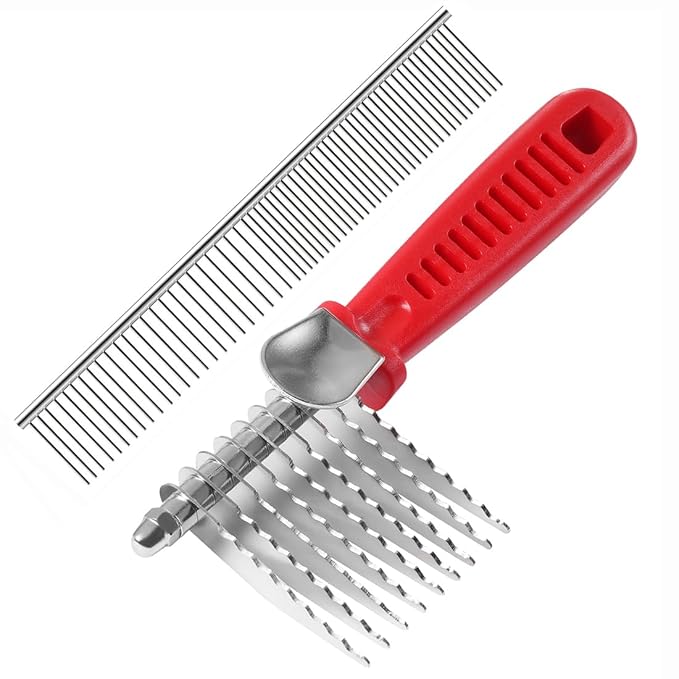 QUMY Dog Comb for Dematting, Stainless Steel Pet Grooming Comb, Removes Dead, Matted or Knotted Hair, Finishing and Fluffing, Comfort-Grip Handle - Pack of 1
