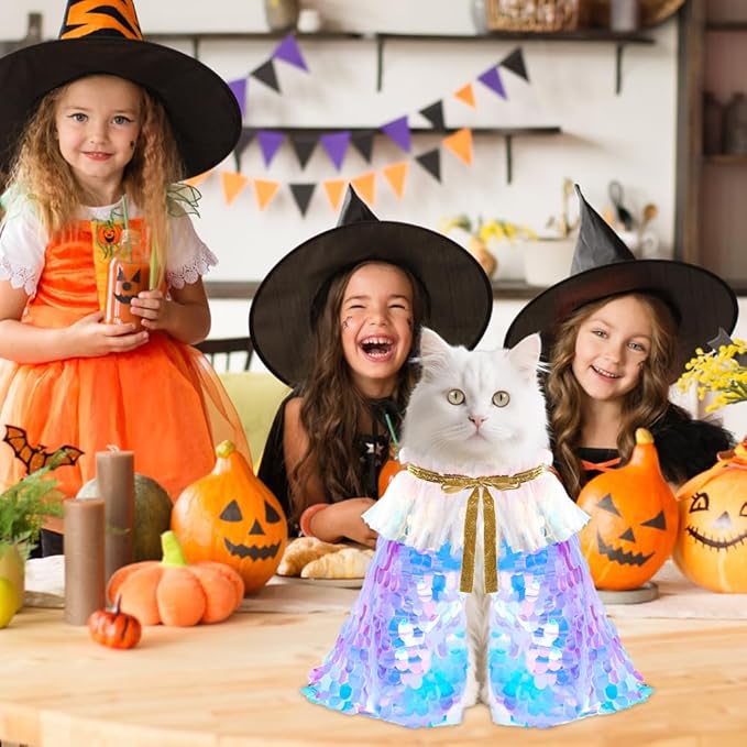 2 Packs Halloween Cat Costumes, Small Funny Sequins Halloween Cat Wizard Cape Adjustable Pet Wizard Cloak for Little Dogs Cats Puppy Halloween Cosplay Party