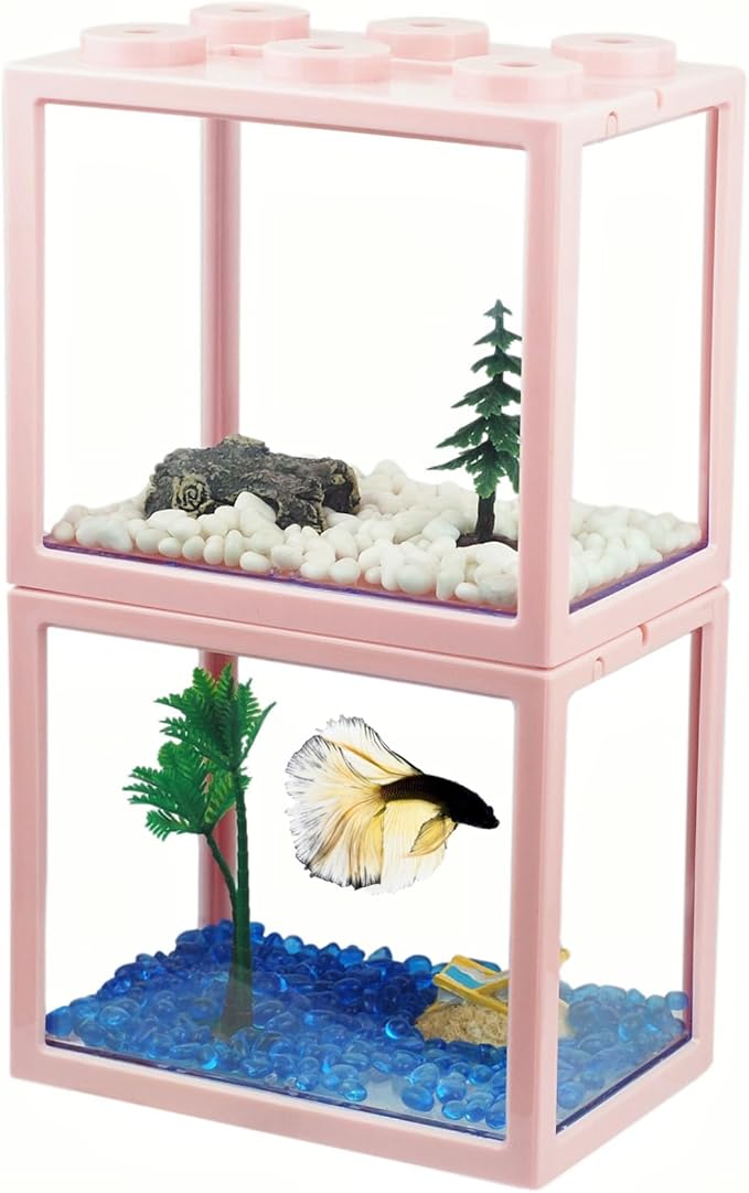 2 Pack Sea Monkey Fish Tank, Mini Betta Fish Tank Stackable Aquarium Tank Kit with Aquarium Gravel & Micro Landscape, 0.6 Gallon Acrylic Fish Bowl Tiny Shrimp Tank for Baby Fish Crab Moss Ball