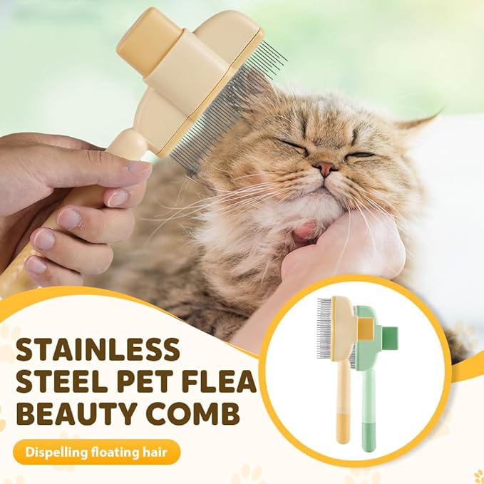 Self Cleaning Pet Hair Removal Comb, Pet Comb with Long Short Stainless Steel Metal Teeth, Cat Grooming Brush, Pet Grooming Supplies for Cat, dog (A - Green - 1 pcs)