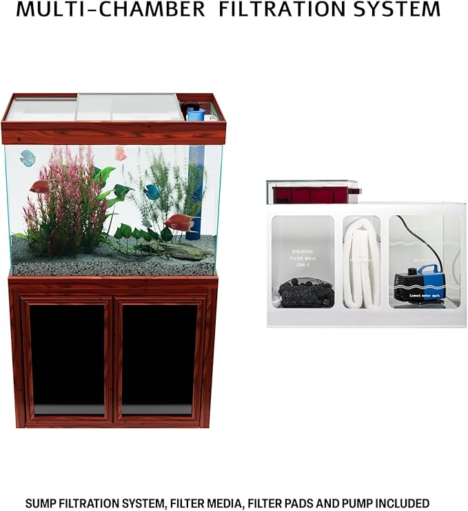 50 Gallon Glass Aquarium with Aluminum Cabinet - Including Sump for Filtration and Circulation, Plumbing, LED, Redwood