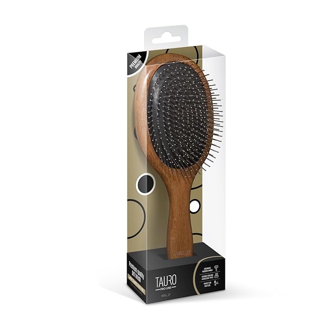 Tauro Pro Line Wooden Brush for Dogs & Cats, Deshedding, Dematting & Detangling Grooming Tool for All Coat Types, Gentle Massage with Rounded Tip Pins, Oval Flexible Cushion, Natural, Medium Size (M)