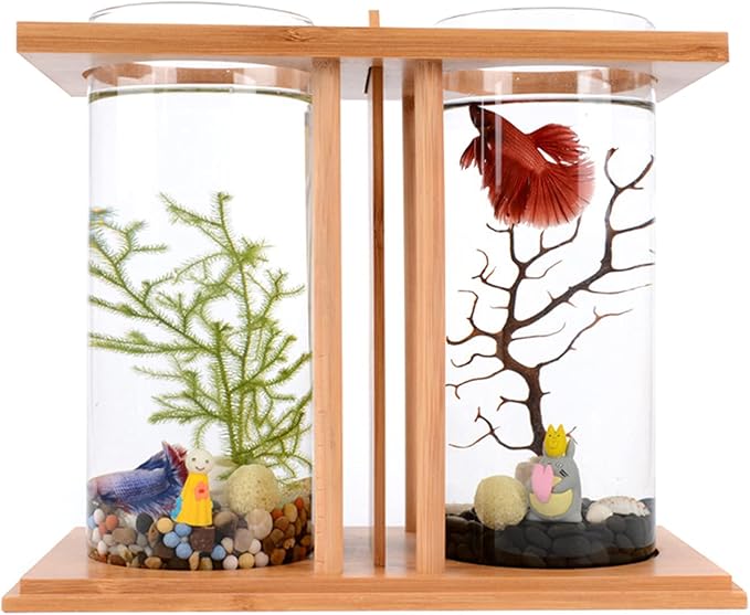 Dual Chamber Bamboo Desktop Aquarium - Mini Betta Fish Tank with LED Light, 360° View Glass Tanks for Goldfish or Small Fish, Home Office Decor