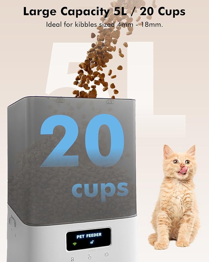 Automatic Cat Feeder for 2 Cats, 2.4G WiFi Timed Cat Feeder with APP Control, 20Cups/5L Automatic Food Dispenser, Dual Stainless Steel Bowls, 1-10 Meals/Day, Dual Power & Detachable for Easy Clean