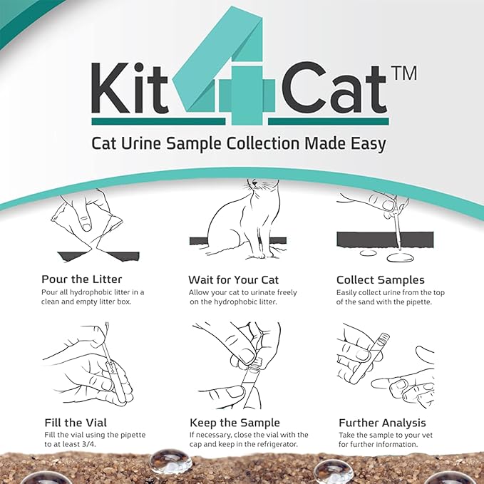 KIT4CAT 2lb Hydrophobic Cat Litter for Urine Sample Collection, Uniquely Made with Natural Sand - Keeps Liquid Clean and On Top | CheckUp on Your Cat's Wellness at Home (3 x 11oz Bags)