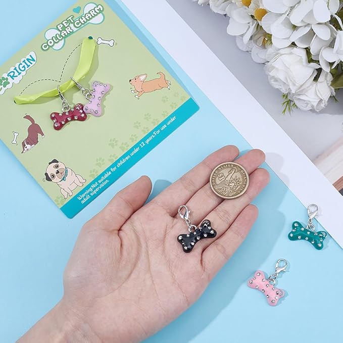 5pcs Bone Rhinestone Collar Pendants for Cat Dog Alloy Enamel Pet Collar Pendants Clip-on Dog Bone Pet Puppy Collar for Bag Keychain Jewelry Making Training Home Decor