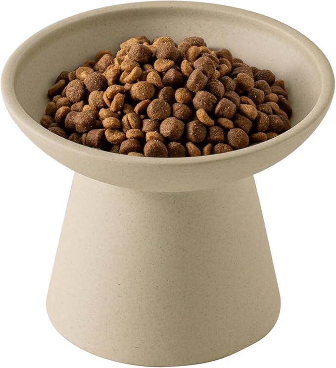 Extra Wide Elevated Ceramic Cat Bowl - 6.2" Shallow Dish for Whisker Fatigue Relief, 5" Height for Easy Feeding, Lead & Cadmium Free, Durable Raised Cat Food Bowls, Pottery Clay (Not Glazed)