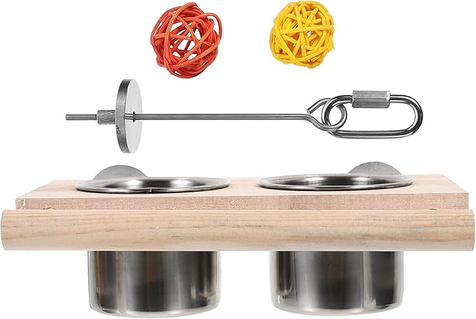 HEMOTON Parrot Feeder Bird Cage Food Container 1 Stainless Steel Bowl with Stand 1 Fruit Fork 2 Rattan Balls Set Bird Feeding and Watering Supplies Random Color