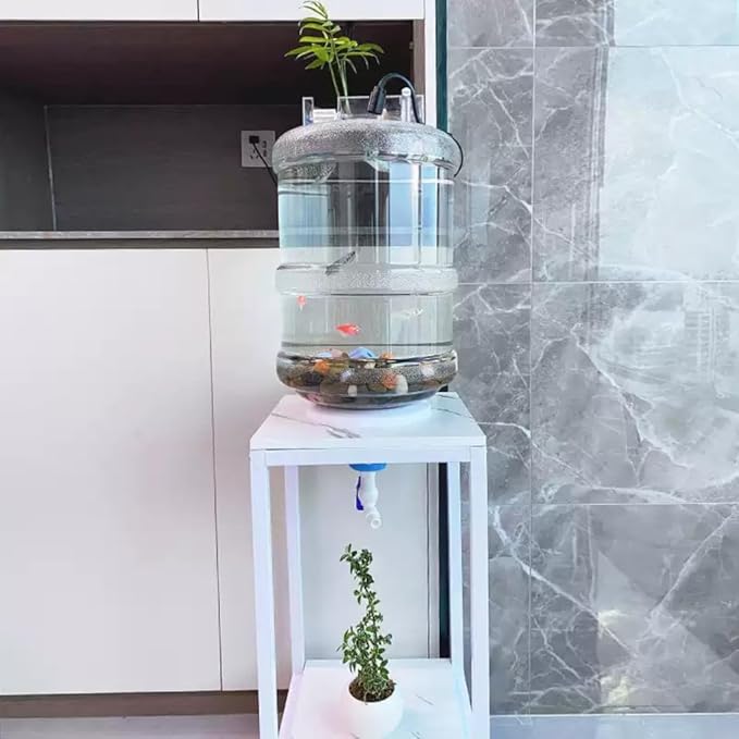Upcycled Aquarium Kit with Stand - 5 Gallon Fish Tank Starter Kit with Drain Valve & Feeding Port for Easy Cleaning (Iron Stand)