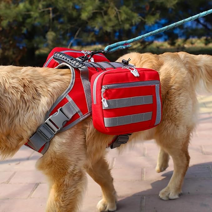 x Jumahe Dog Hiking Backpack for Large/Giant Dogs – 2 Spacious Side Bags, Breathable Waterproof Fabric, Fits Chest 30"-40" (85-120 lbs), 5 Adjustable Buckles, Outdoor Travel Vest, Red