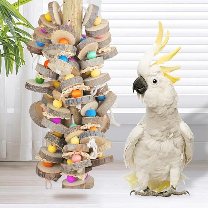 Large Bird Toys for Parrots Toys Natural Colored Wooden Bird Cages Chew Accessories for Macaws, Cockatoos, African Grey, and Amazon Parrots