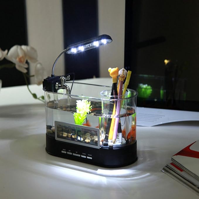 Modern Home USB Desktop Aquarium with Light/Clock Organizer