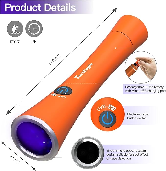 UV Flashlight Black Light, 365nm Blacklight Pet Urine Detector, Rechargeable Blacklight Flashlight for Dog/Cat Urine Stains, Bed Bug, Resin Curing, Scorpions Finder, Orange