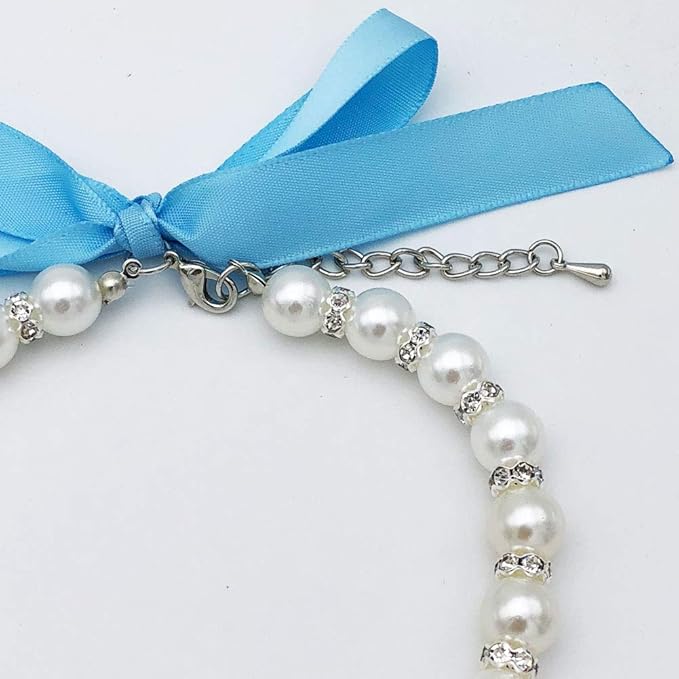 Pearl Crystal Dog Necklace Collar Jewelry for Small Dogs Puppy, Bling Cat Wedding Collar with Rhinestones Charm, Chihuahua Yorkie Clothes Outfits Accessories (Blue Heart, 12 to 14-Inch)