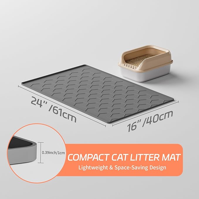 Silicone Cat Litter Mat with Raised Edges, Waterproof/Urineproof, Litter-Collecting Interior Ridges, Soft & Pet-Friendly (24"x16"-Dark Grey)