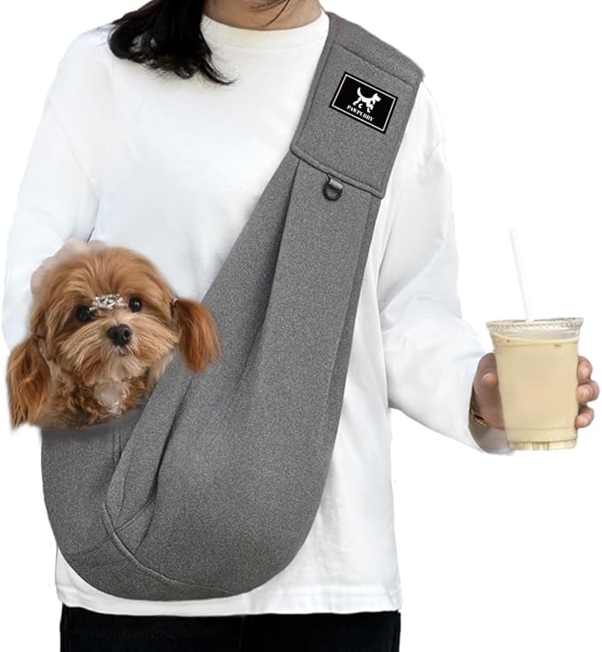 Dog Sling Carrier for Small Dogs Cats up to 15 lbs - Hands Free Puppy Carrier Bag (Plus Size L) - Ergonomic Padded Shoulder Strap & Safety Hook Based on Owner's Bust Length, Dark Gray