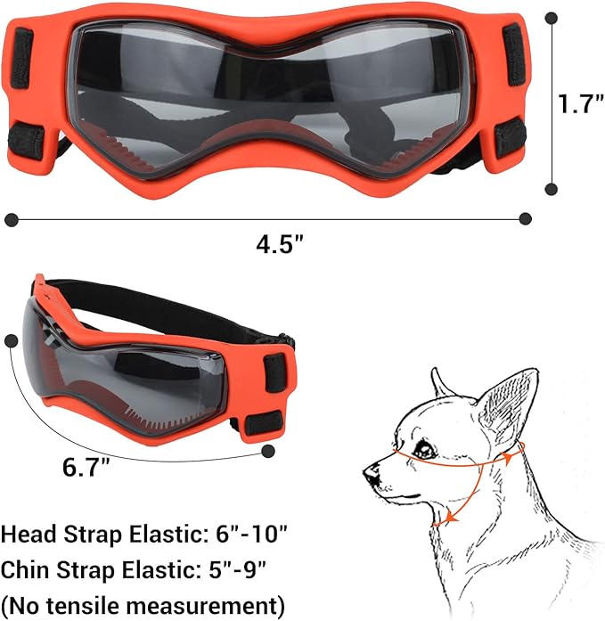 Small Breed Dog Goggles, Sunglasses with UV Protection, Adjustable Straps - Orange