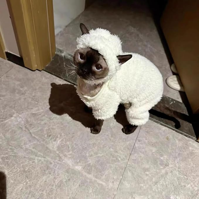 Warm Fleece Lined Winter Clothing for Sphynx & Devon Rex Cats | Soft Faux Lamb Wool | Cozy and Comfortable (Sheep Costume,S About 1.5-2kg/3.3-4.4pounds)