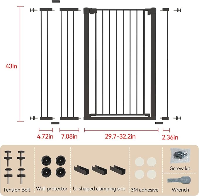43 inch Tall Safety Dog Gate Adjustable 29.7-45.2inch Extra-Wide Metal Pet Gate Drill-Free Pressure-Mount Installation kit Self-Closing Cat Gate for Stairwells、Doorways（Black）